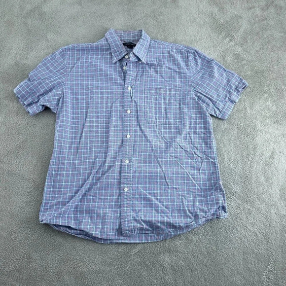 Lands End Mens Blue Plaid Short Sleeve Button-Down Shirt L 100% 3032 - Picture 1 of 7